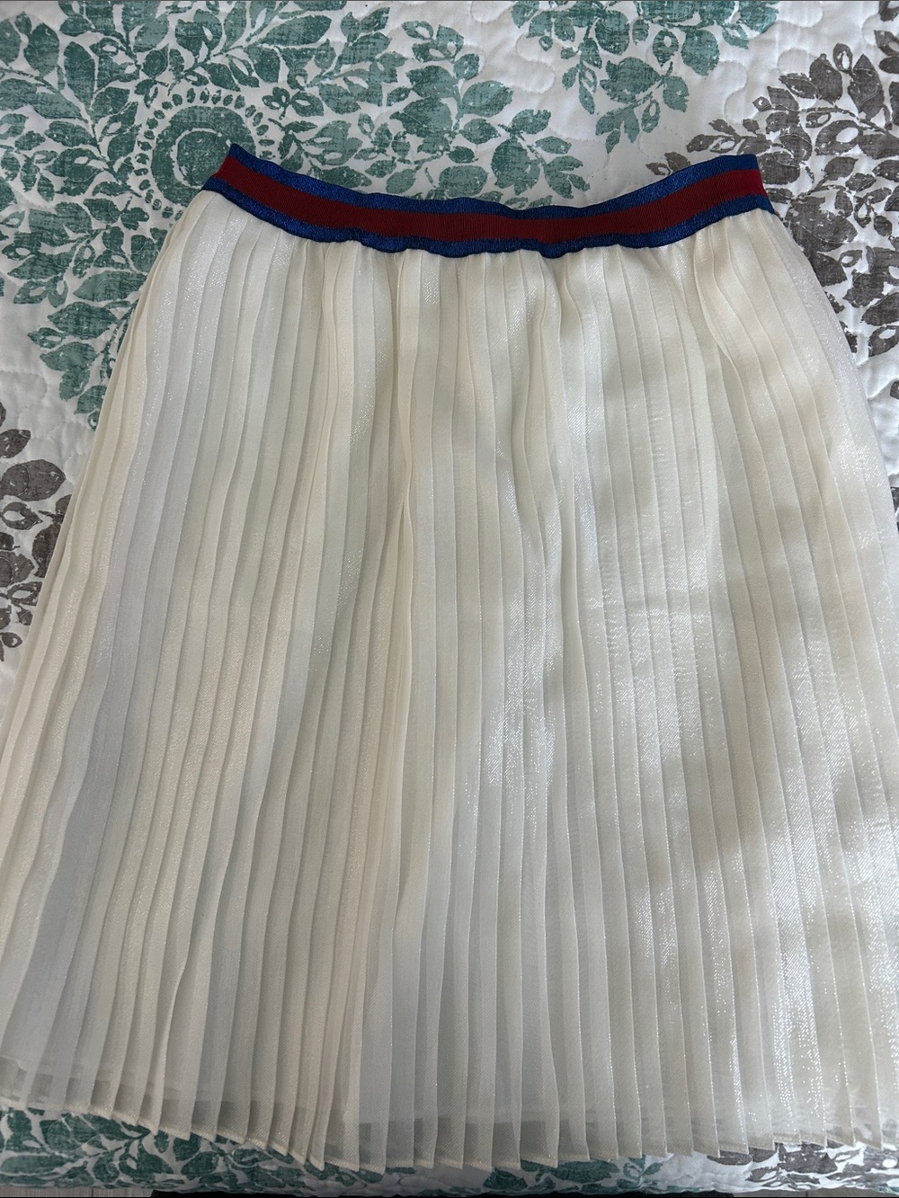 Gucci White Pleated Midi Skirt with Red and Blue Waistband
